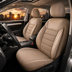 Beige fabric front seats in a car with a city skyline and sunset visible through the windows behind them.