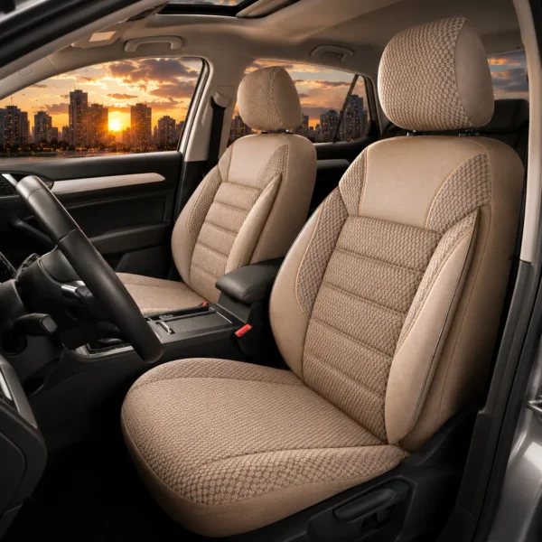 Beige fabric front seats in a car with a city skyline and sunset visible through the windows behind them.